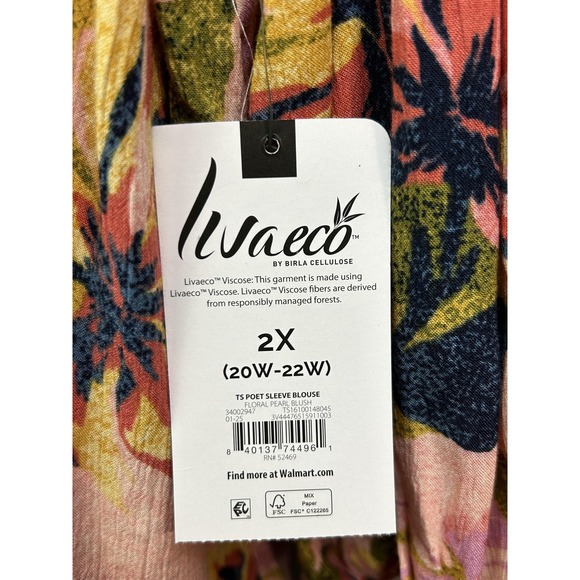 Terra & Sky Blouse Womens 2X Pink Floral Pearl Blush Poet Sleeve Top Boho - Picture 4 of 8